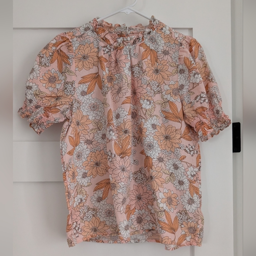 J. Crew Pink and Peach Floral Puff-Sleeve Blouse